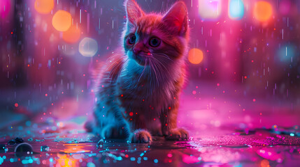 kittens sitting side by side. there's a bokeh colour effect in the background The scene has a dark...