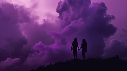 Two silhouetted figures hold hands against a dramatic purple sky, evoking themes of friendship and serenity at dusk.