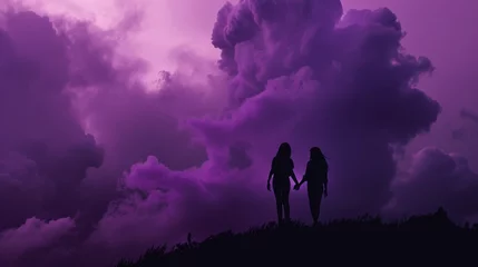 Papier Peint photo Violet Two silhouetted figures hold hands against a dramatic purple sky, evoking themes of friendship and serenity at dusk.