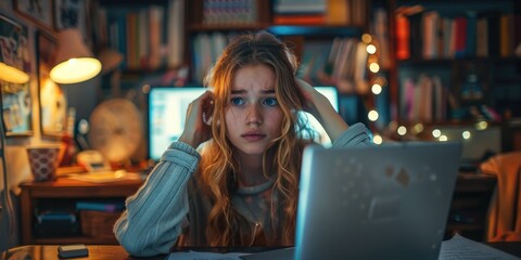 A troubled teenage girl sits down in front of her computer. Generative Ai - obrazy, fototapety, plakaty