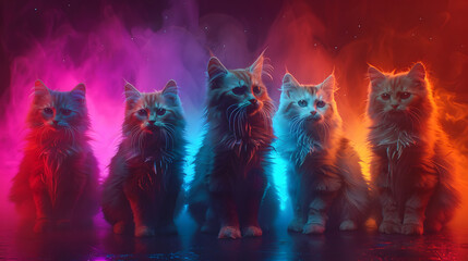 kittens sitting side by side. there's a bokeh colour effect in the background The scene has a dark feel to it with a light shining from above. - obrazy, fototapety, plakaty
