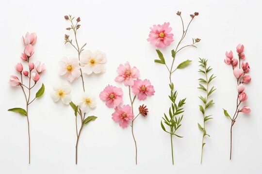 five flowers are shown arranged neatly on a white background