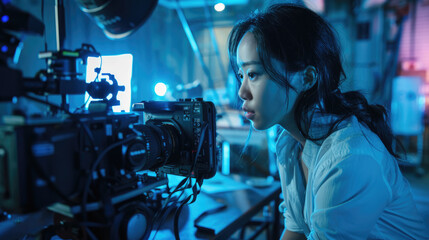 Asian woman, producer on the set of a film studio - obrazy, fototapety, plakaty