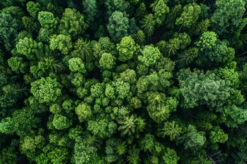 A wide-angle aerial view showcasing the lush green canopy of a dense forest filled with numerous...
