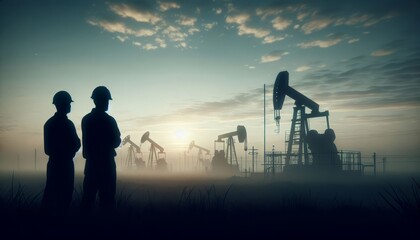 Silhouettes of a worker and an engineer in helmets watching the work of Oil pumps in an oil field at dawn. Industrial progress in the natural environment. Oil production. Economic environmental crisis