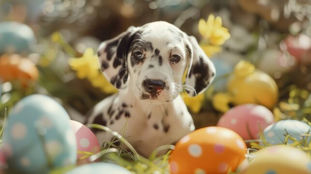 Easter dalmatian puppy exploring an enchanting forest with vibrant spring blooms and dappled sunlight, adding a touch of whimsy and joy to your holiday season. Ideal for festive greetings, cards, and 