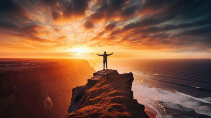 Man standing on edge of cliff and looking at sunset.  Rendering - obrazy, fototapety, plakaty