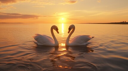 2 majestic white swans (Cygnus olor) swim in the glassy waters of the Baltic Sea in front of a stunning orange sunset. - obrazy, fototapety, plakaty