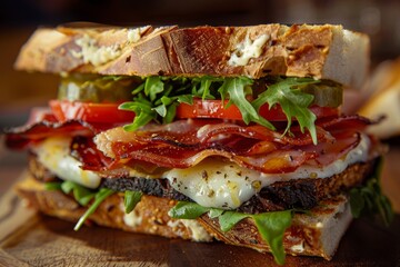 A closeup showcasing a chefs signature sandwich made with crispy bacon, fresh lettuce, and ripe tomatoes, placed on a wooden cutting board