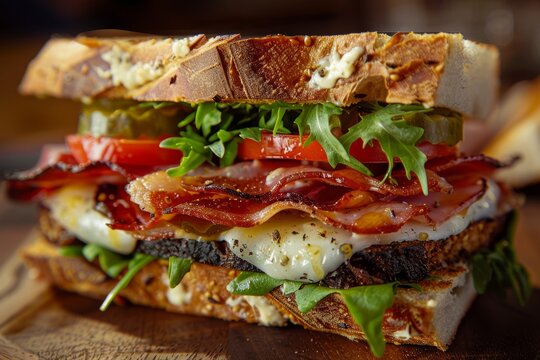 A closeup showcasing a chefs signature sandwich made with crispy bacon, fresh lettuce, and ripe tomatoes, placed on a wooden cutting board