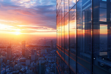Photo of glass skyscraper. Sunset, big city and part of building on the image