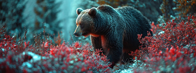 The view of a bear among forests and flowers - obrazy, fototapety, plakaty
