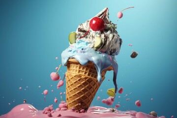 an ice cream cone filled with colorful splashed icing