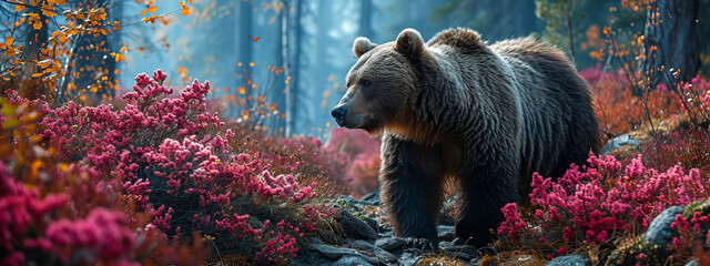 The view of a bear among forests and flowers - obrazy, fototapety, plakaty
