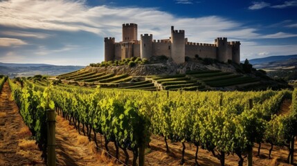 Fototapeta na wymiar Medieval Castle Overlooking Vineyards with Ripe Grape Bunches