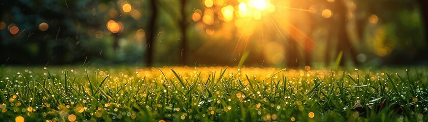 Morning run in the park, dew on grass, first light of dawn, refreshing solitude , high-resolution - obrazy, fototapety, plakaty