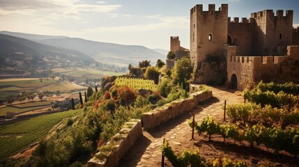 Medieval Castle Overlooking Vineyards with Ripe Grape Bunches - obrazy, fototapety, plakaty
