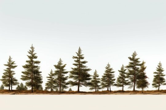 five pine trees are shown along the horizon in row