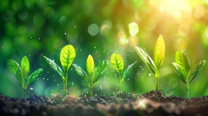 A group of young plants sprouting from the soil with sunlight, symbolizing growth and new beginnings, banner - obrazy, fototapety, plakaty