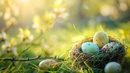 Easter delight: vibrant nest with eggs in sunlit grass - festive spring background