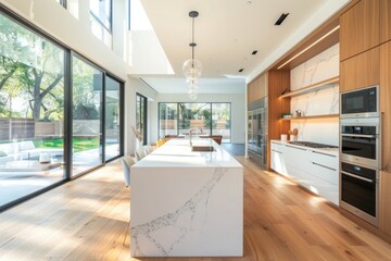 Modern white minimalist interior design with kitchen sofa wooden floor wall panels and marble kitchen island generative ai