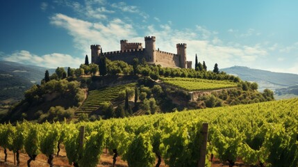Fototapeta na wymiar Medieval Castle Overlooking Vineyards with Ripe Grape Bunches