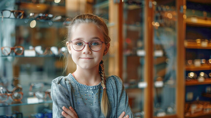 A young caucasian girl wearing glasses smiling as the child kid stands in front of a display case of glasses at an eye retail store