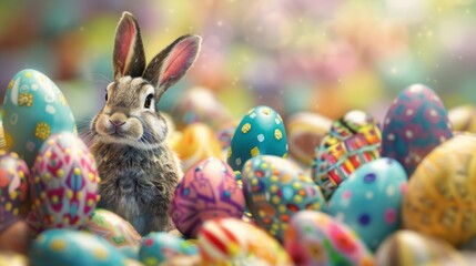 Fototapeta na wymiar Ethereal easter bunny surrounded by vibrant easter eggs in spring garden wonderland