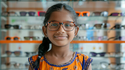 A young Indian girl wearing glasses smiling as the child kid stands in front of a display case of glasses at an eye retail store