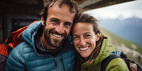 Couple on balcony of a mountain hut, smiling. Generative AI.