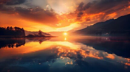 Majestic sunrise reflection over a lake - The glorious sunrise spills its colors over a tranquil lake, mirrored in the water's still surface for a perfect moment of awe - obrazy, fototapety, plakaty