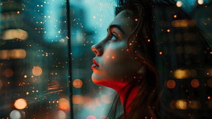 City lights reflecting on woman's silhouette - A mysterious woman stands with shimmering city lights reflecting on her, invoking a sense of wonder and urban solitude