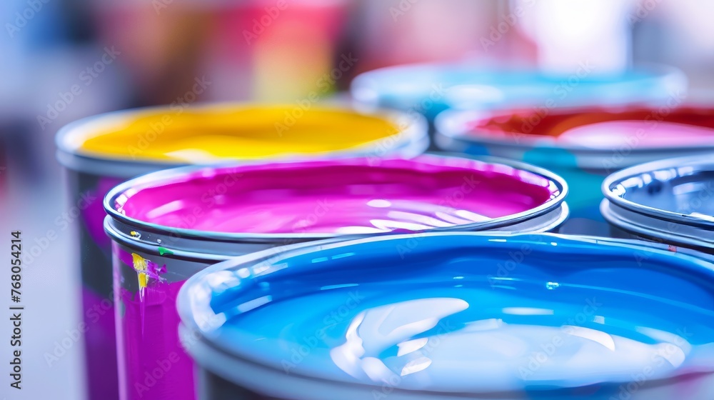 Poster assorted open paint cans on a vibrant multicolored background for artistic projects