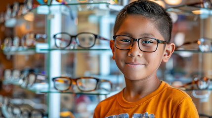 A young Mexican boy wearing glasses smiling as the child kid stands in front of a display case of glasses at an eye retail store