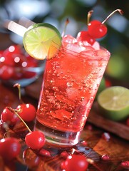 Cherry soda with ice and fruit garnish closeup - A close-up shot of a refreshing cherry soda with ice, garnished with a lime slice and cherries, exuding a summer vibe