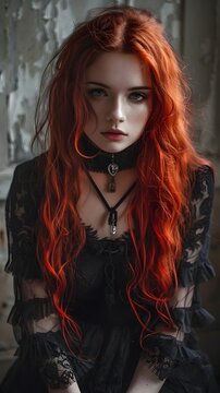 Red-haired woman in dark gothic attire - A visually striking portrait of a red-haired woman in gothic fashion exuding confidence