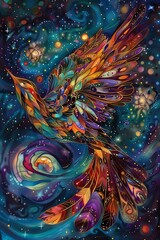 Ethereal Avian Soaring Through Celestial Cosmos:A Captivating Digital Artwork of Fantastical Feathered Beauty