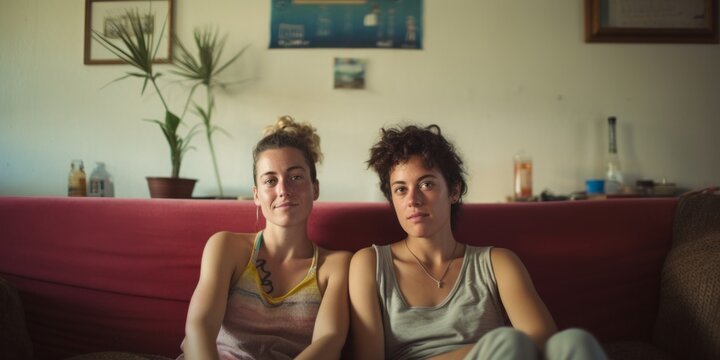 Happy young lesbian couple hugging having fun, Sitting on the sofa. Generative AI.