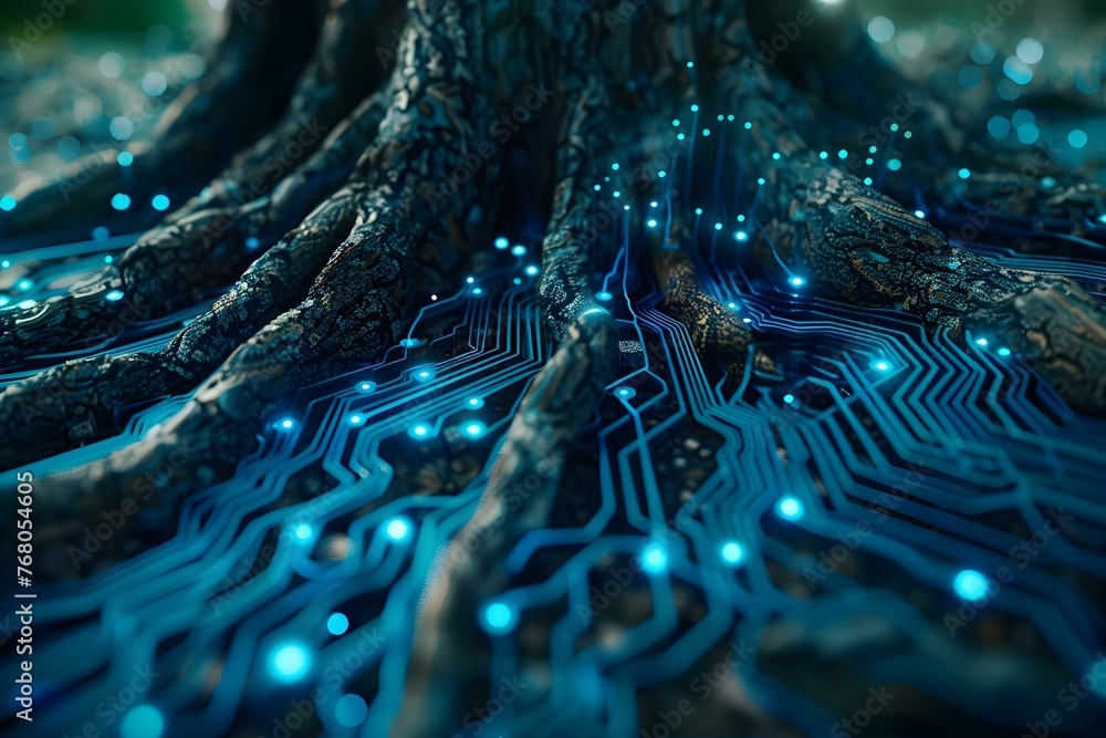 Poster computer circuit board merging with tree roots symbolizing ecofriendly computing blue wireframe netw