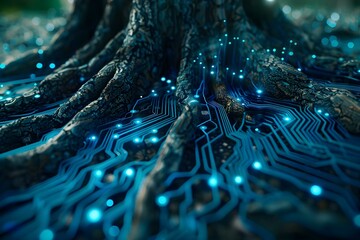 Computer circuit board merging with tree roots symbolizing ecofriendly computing Blue wireframe network background. Concept Eco-Friendly Computing, Circuit Board Integration, Tree Roots Fusion