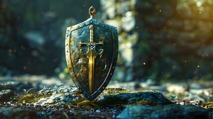 Guarding Against Unseen Challenges with Magical Shield and Sword - obrazy, fototapety, plakaty