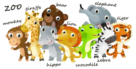 Foto op Plexiglas Cartoon zoo scene with zoo animals friends together in amusement park on white background with space for text illustration for children © honeyflavour