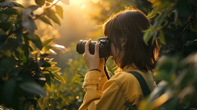 Photographer capturing the golden hour - A photographer is focused on capturing the beauty of nature during the serene golden hour