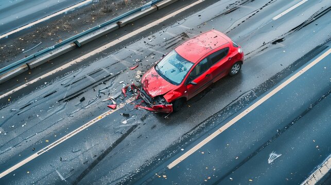 Top view of a dangerous high impact car crash accident on the road, serious collision scene