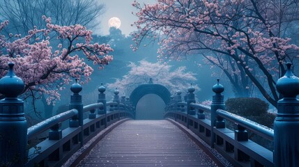A Tranquil Night: Moonlit Bridge Amidst Cherry Blossoms.