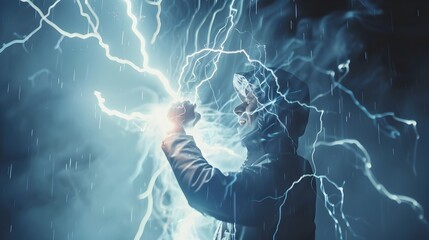 Man in a storm of lightning bolts - A man harnesses the power of electricity with lightning bolts coursing through his body in a thrilling scene