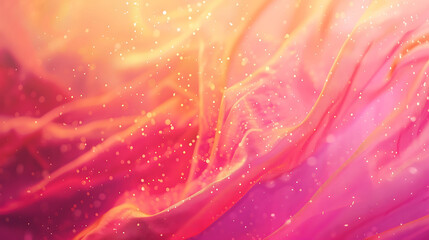 Abstract pink and orange flowing shapes with glitter particles.