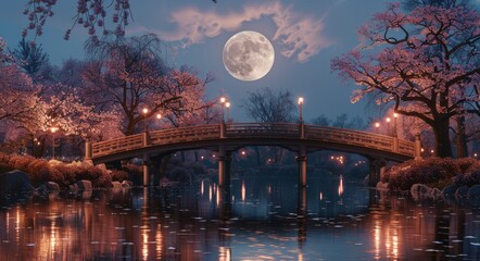 Obraz premium Full Moon Over Tranquil Bridge Surrounded by Cherry Blossoms Reflection.