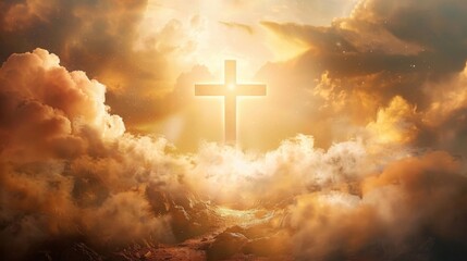 A holy cross surrounded by clouds and sunlight. The concept of the resurrection of Jesus Christ, Happy Easter. - obrazy, fototapety, plakaty