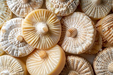 A detailed view of various seashells clustered together, showcasing their unique shapes and textures